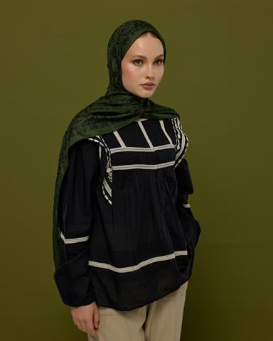 S-LALE-74 Zeytin & Siyah Lale Bahçesi Desen Şal