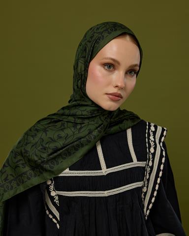 S-LALE-74 Zeytin & Siyah Lale Bahçesi Desen Şal