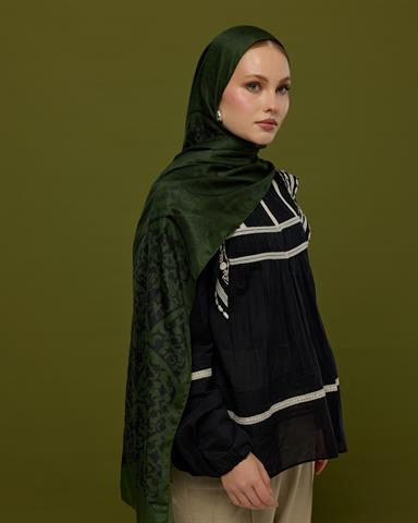 S-SARAYLI-74 Zeytin & Siyah Saraylı Desen Şal