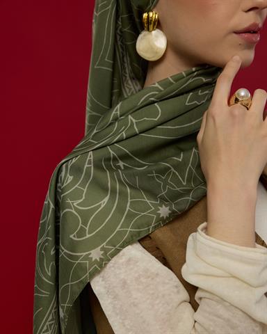 S-EFSUNLU-37 Zeytin Yeşili & Badem Kremi Efsunlu Desen Şal