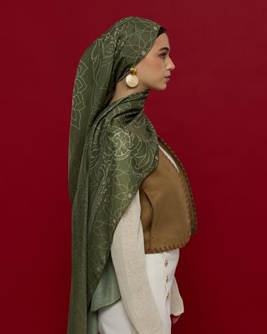 S-EFSUNLU-37 Zeytin Yeşili & Badem Kremi Efsunlu Desen Şal