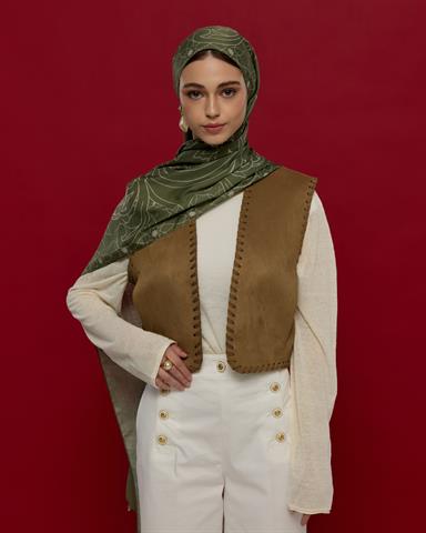 S-EFSUNLU-37 Zeytin Yeşili & Badem Kremi Efsunlu Desen Şal