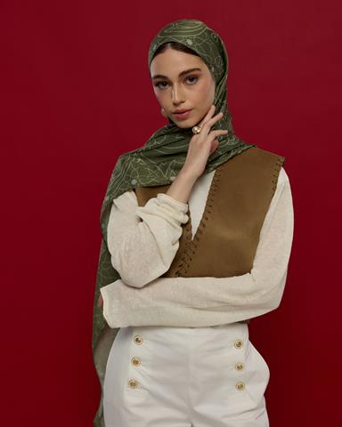 S-EFSUNLU-37 Zeytin Yeşili & Badem Kremi Efsunlu Desen Şal