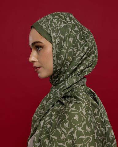 S-LALE-37 Zeytin Yeşili & Badem Kremi Lale Bahçesi Desen Şal