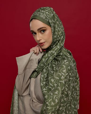 S-LALE-37 Zeytin Yeşili & Badem Kremi Lale Bahçesi Desen Şal