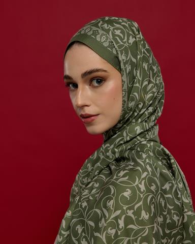 S-LALE-37 Zeytin Yeşili & Badem Kremi Lale Bahçesi Desen Şal