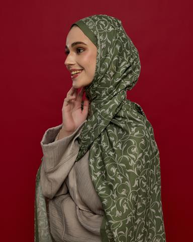 S-LALE-37 Zeytin Yeşili & Badem Kremi Lale Bahçesi Desen Şal