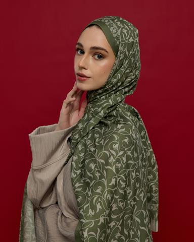 S-LALE-37 Zeytin Yeşili & Badem Kremi Lale Bahçesi Desen Şal