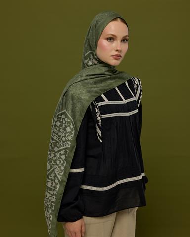 S-SARAYLI-37 Zeytin Yeşili & Badem Kremi Saraylı Desen Şal