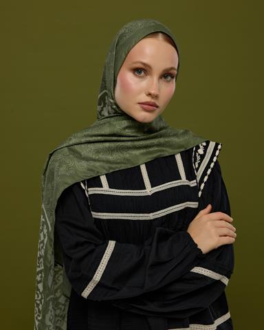 S-SARAYLI-37 Zeytin Yeşili & Badem Kremi Saraylı Desen Şal