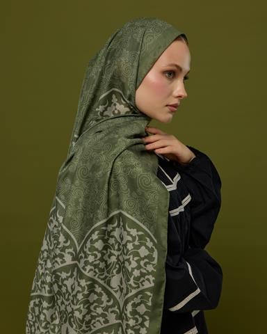 S-SARAYLI-37 Zeytin Yeşili & Badem Kremi Saraylı Desen Şal