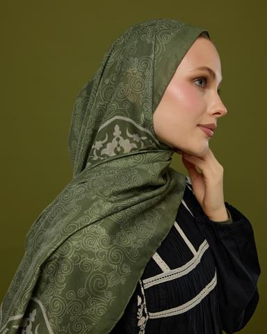 S-SARAYLI-37 Zeytin Yeşili & Badem Kremi Saraylı Desen Şal
