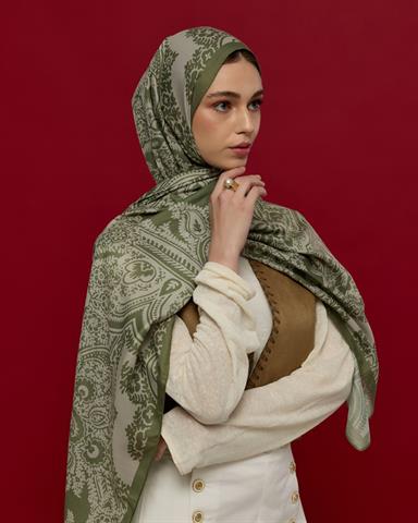 S-SULTANİ-37 Zeytin Yeşili & Badem Kremi Sultani Desen Şal
