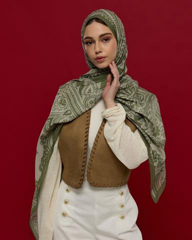 S-SULTANİ-37 Zeytin Yeşili & Badem Kremi Sultani Desen Şal
