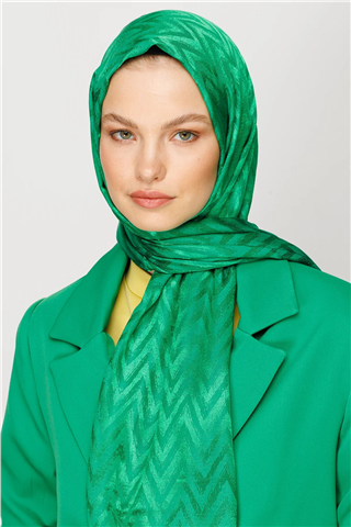 Benetton Yeşili Zikzak Desen Parlak Jakar Şal