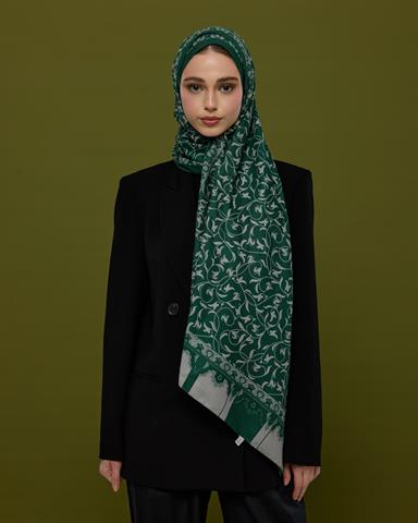 S-LALE-55 Zümrüt & Krem Lale Bahçesi Desen Şal