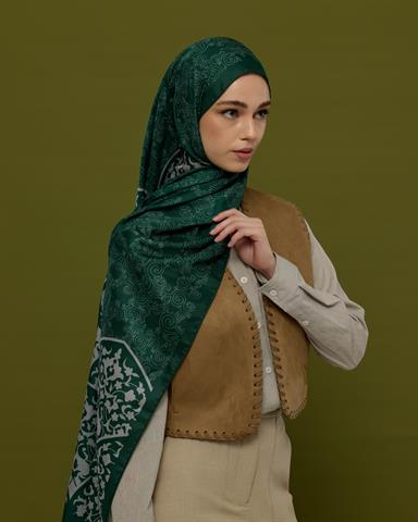 S-SARAYLI-55 Zümrüt & Krem Saraylı Desen Şal