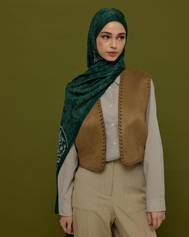 S-SARAYLI-55 Zümrüt & Krem Saraylı Desen Şal