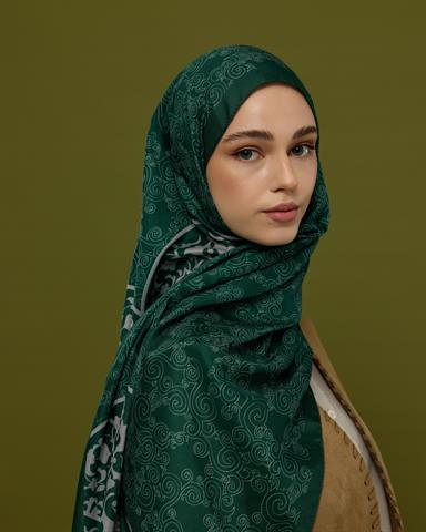 S-SARAYLI-55 Zümrüt & Krem Saraylı Desen Şal