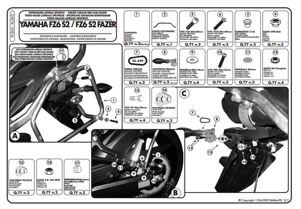 Kappa KL360 YAMAHA FZ6 S2 - FZ6 600 FAZER S2 (07-11) Yan Çanta Taþıyıcı