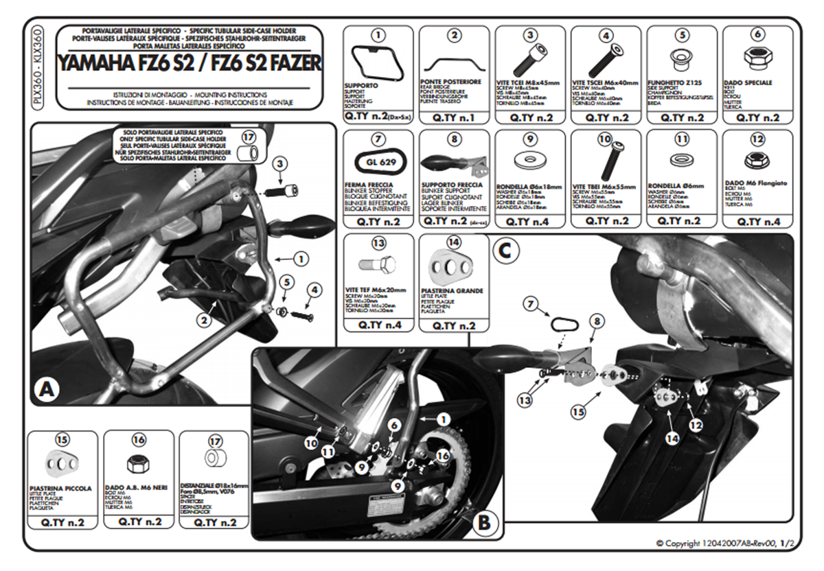 Kappa KLX360 YAMAHA FZ6 S2 - FZ6 600 FAZER S2 (07-11) Yan Çanta Taþıyıcı