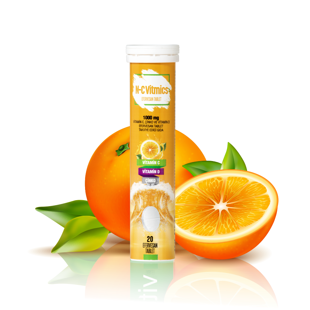 N-CVitmics Vitamin C 1000 mg, Çinko 10 mg, Vitamin D 10 mcg, içeren 20 Efervesan Tablet