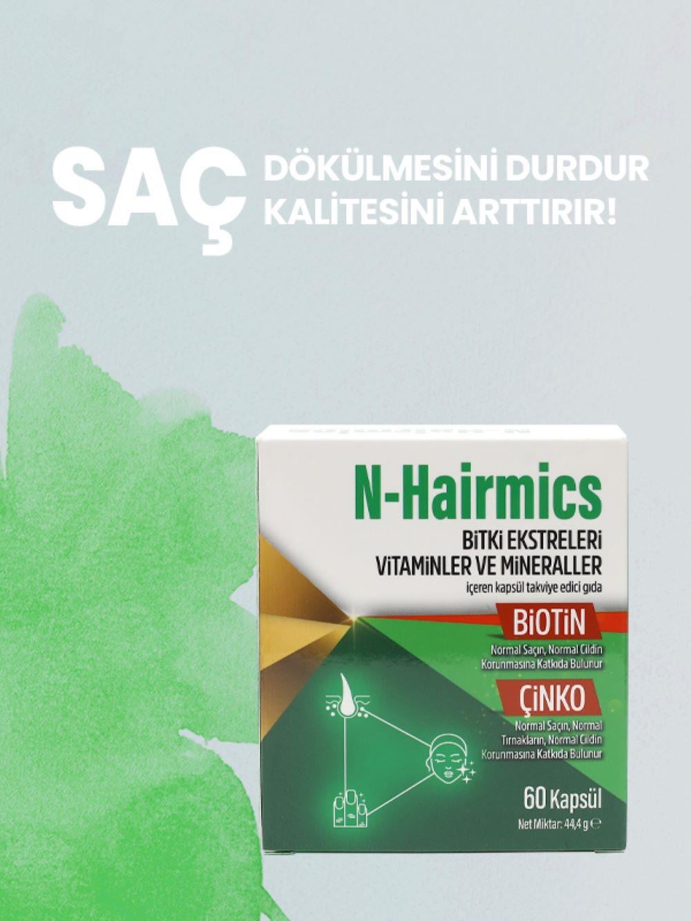 N Hairmics Saç Dökülmesine Karşı Destek, Bitki Ekstreleri Vitamin ve Mineralleri İçeren 60 Kapsül