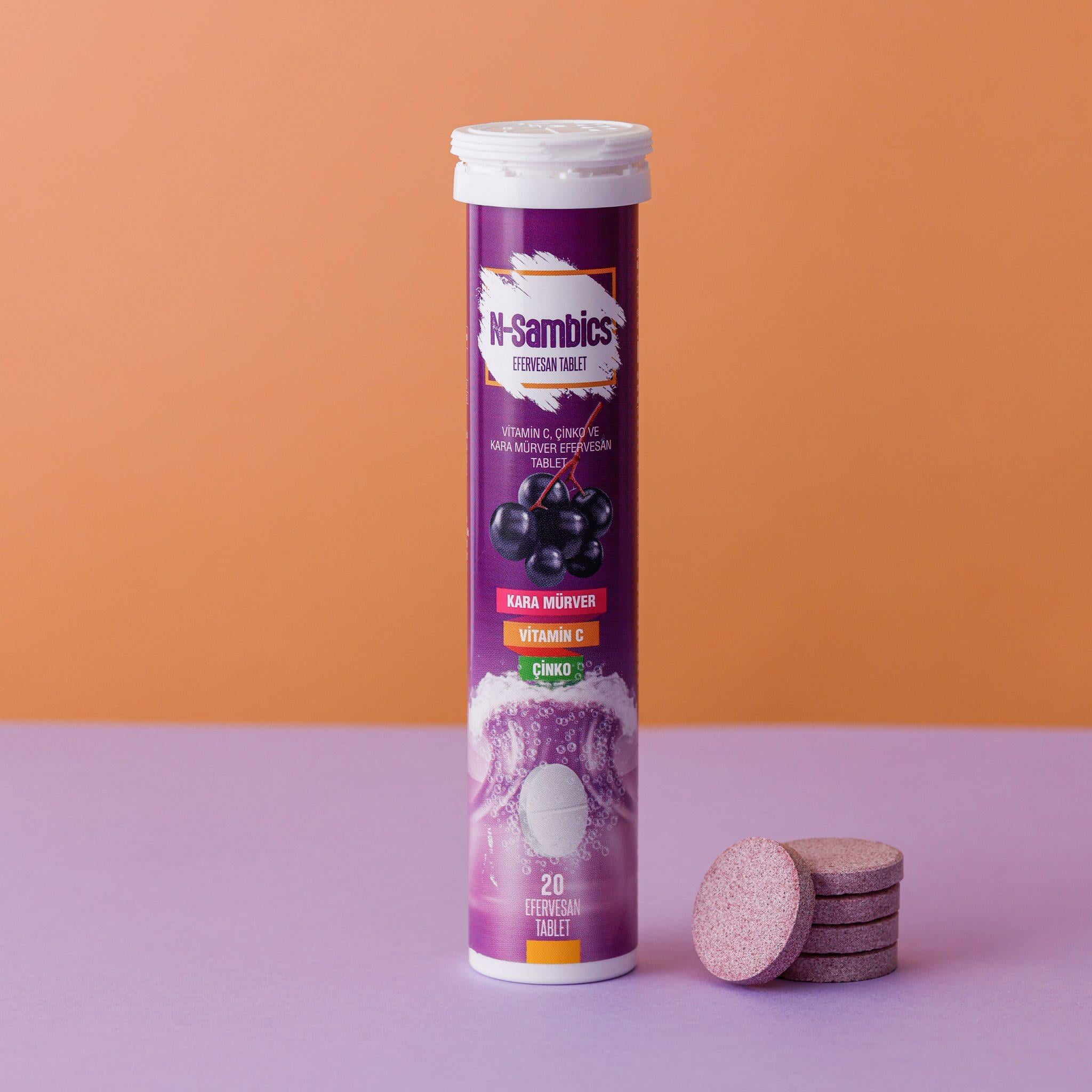 N-Sambics Kara Mürver Ekstresi, C Vitamini ve Çinko içeren 20 Efervesan Tablet