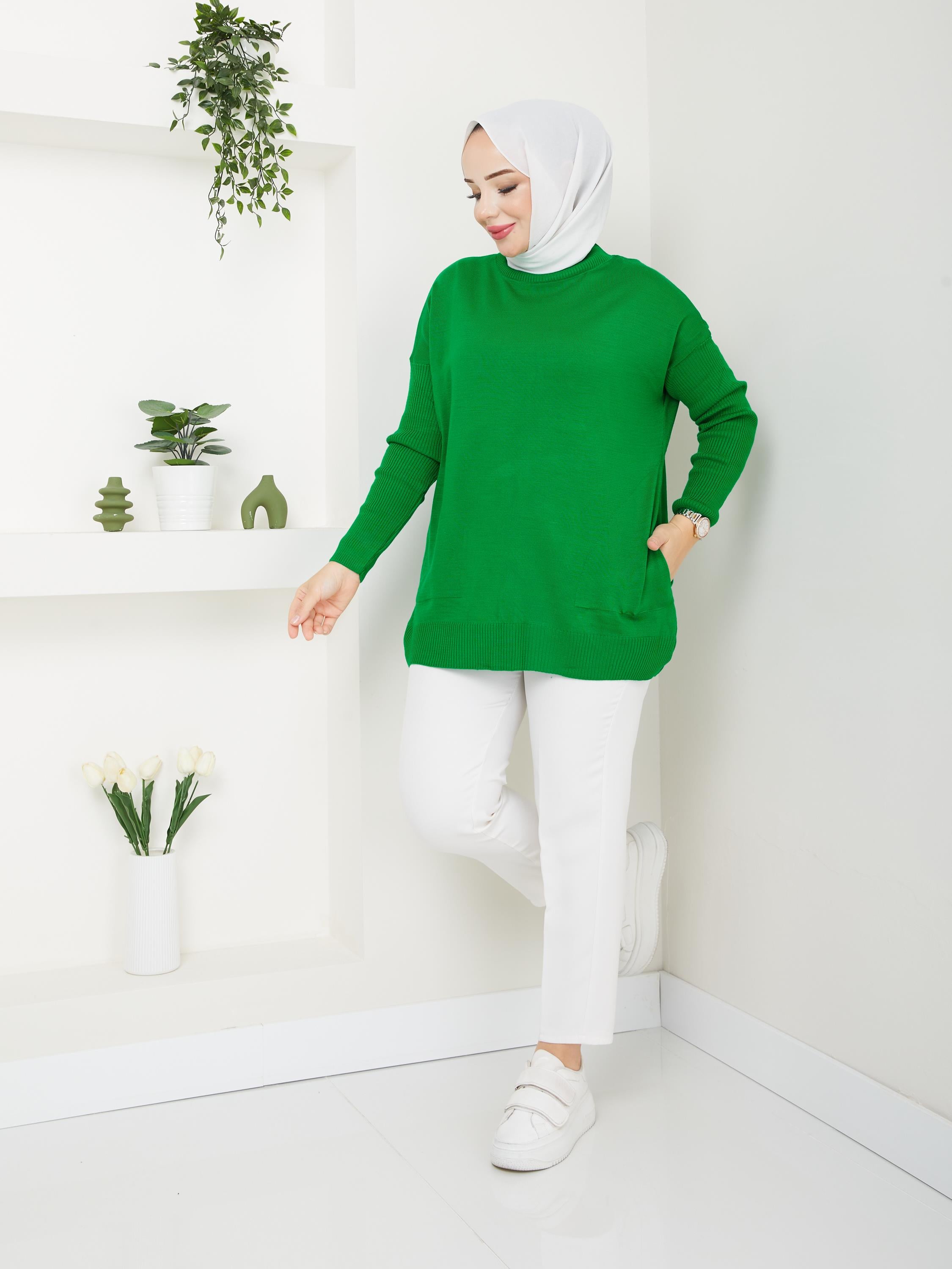 Cepli Bsiklet Yaka Battal Boy Triko Kazak Yeşil 2220-1