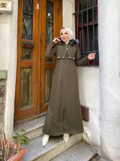 Kaşe Fermuarlı Cepli Kaban - Haki Renk- 