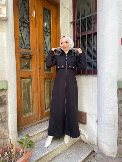 Kaşe Fermuarlı Cepli Kaban - Siyah Renk- 