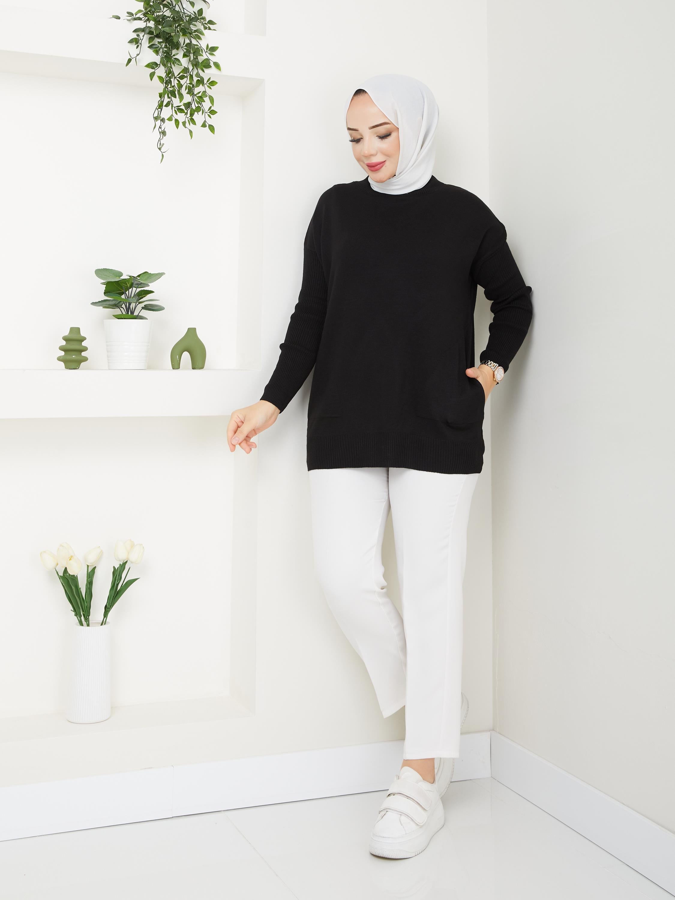 Cepli Bsiklet Yaka Battal Boy Triko Kazak Siyah 2220-1