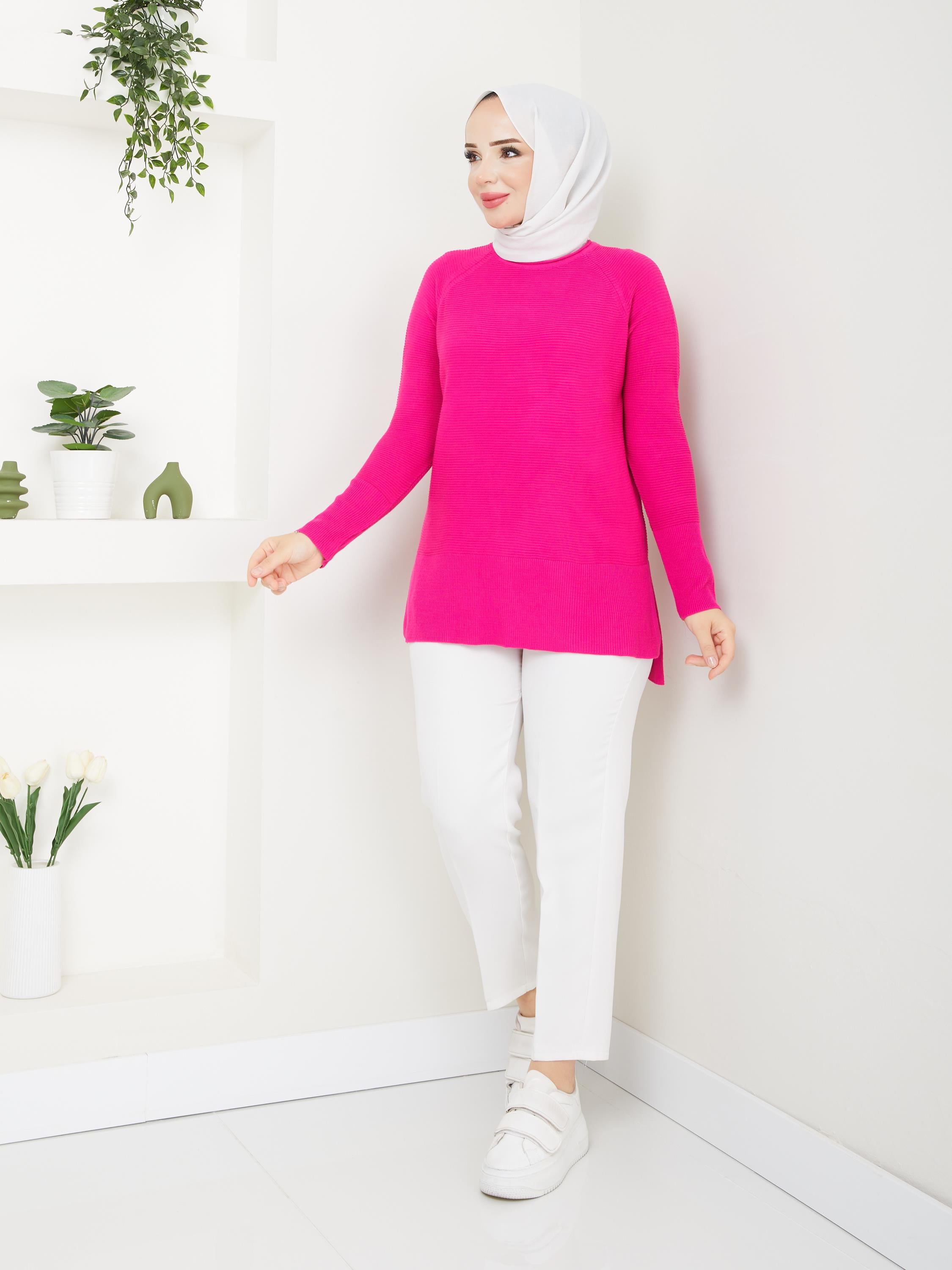 Fitilli Battal Boy Triko Tunik Fuşya 2224-1
