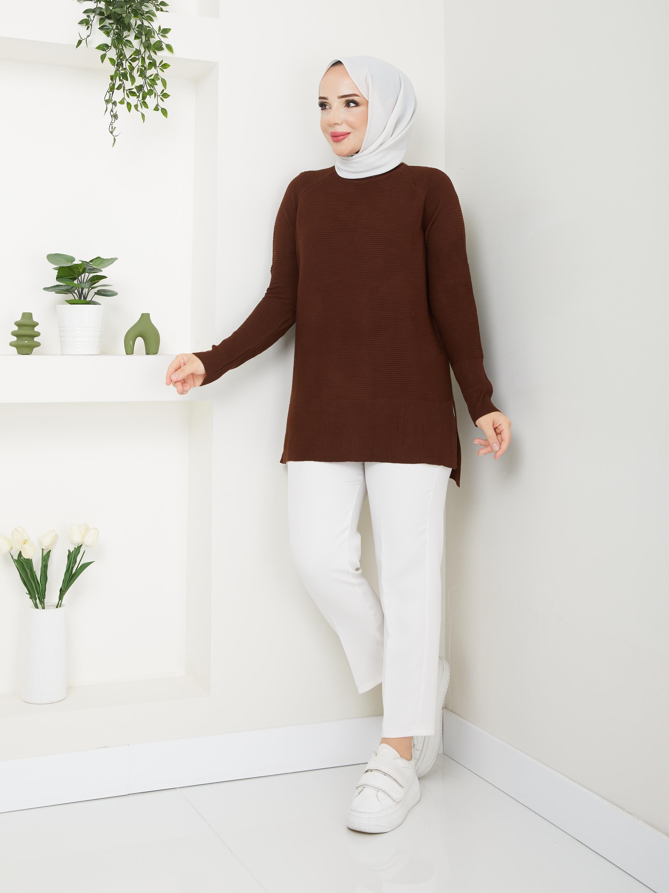 Fitilli Battal Boy Triko Tunik Kahve 2224-1