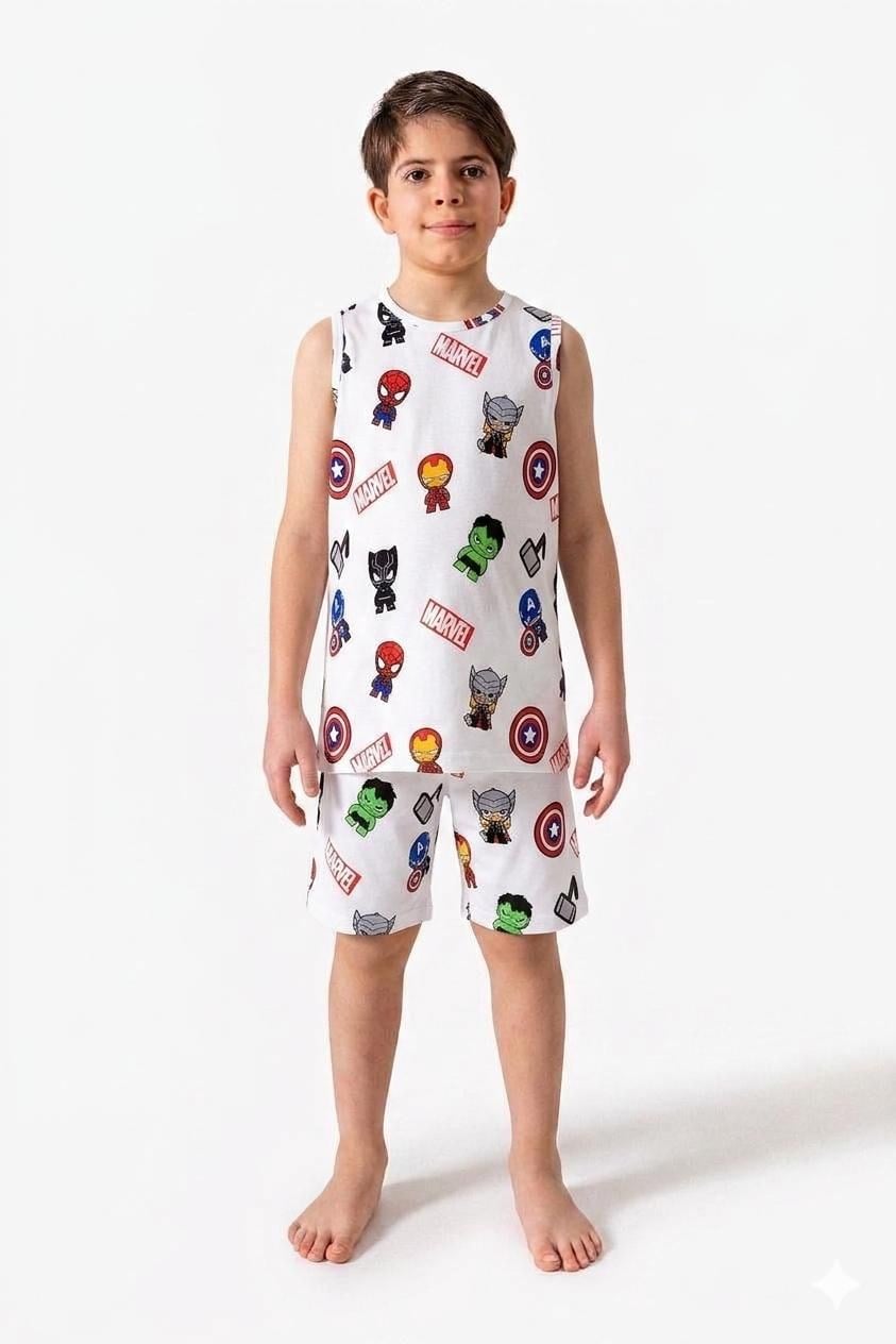 Erkek Çocuk 3-12 yaş marvel sıfır kol beyaz  Şortlu Pijama takımı 