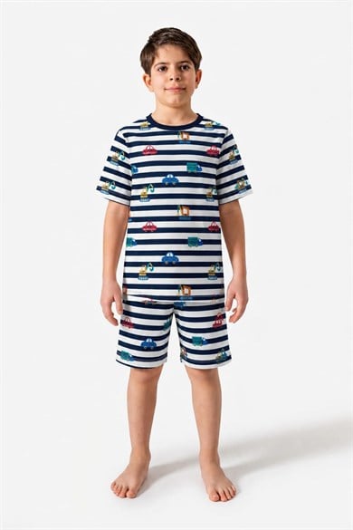 Erkek Çocuk 3-12 yaş Çizgili arabalı Şortlu Pijama takımı 