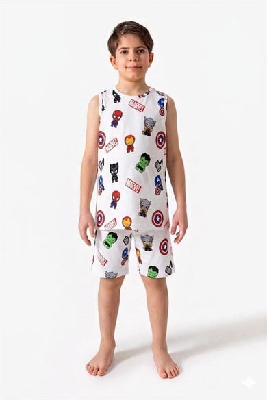 Erkek Çocuk 3-12 yaş marvel sıfır kol beyaz  Şortlu Pijama takımı 