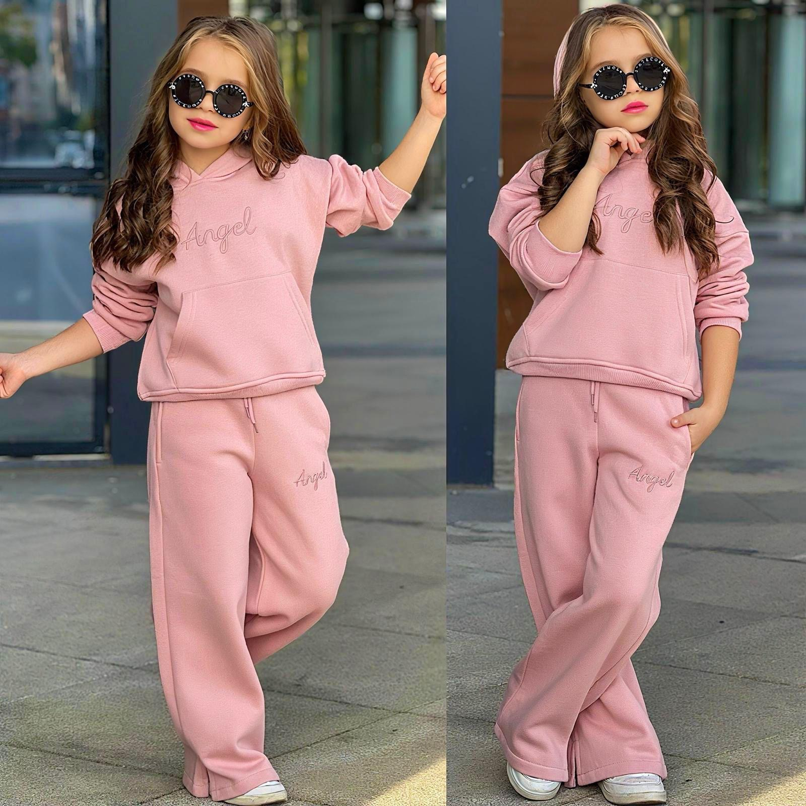 Angel Yazı Detaylı İçi Şardonlu Kız Takım 5-14 yaş Pembe