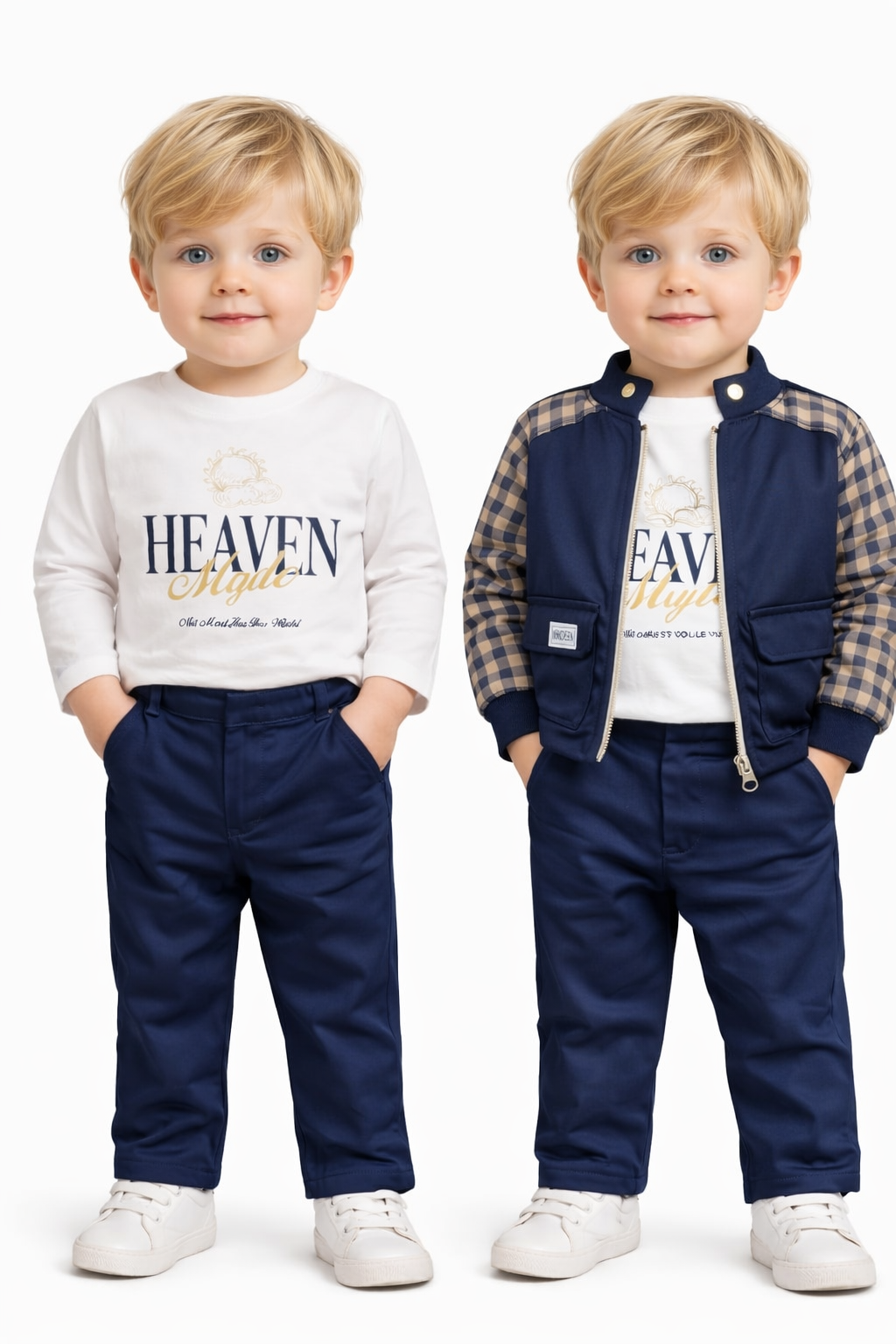 Omuzları Ekose Desen Paraşüt Kumaş Ceket Pantolon Bebek Takım 9-24 Ay Lacivert 
