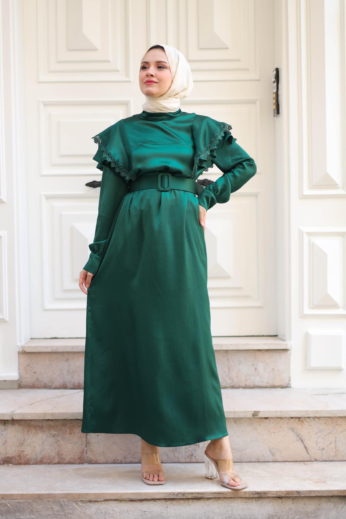 Omuzu Nakış İşlemeli Saten Elbise Yeşil Online Satın Alın | Meqlife