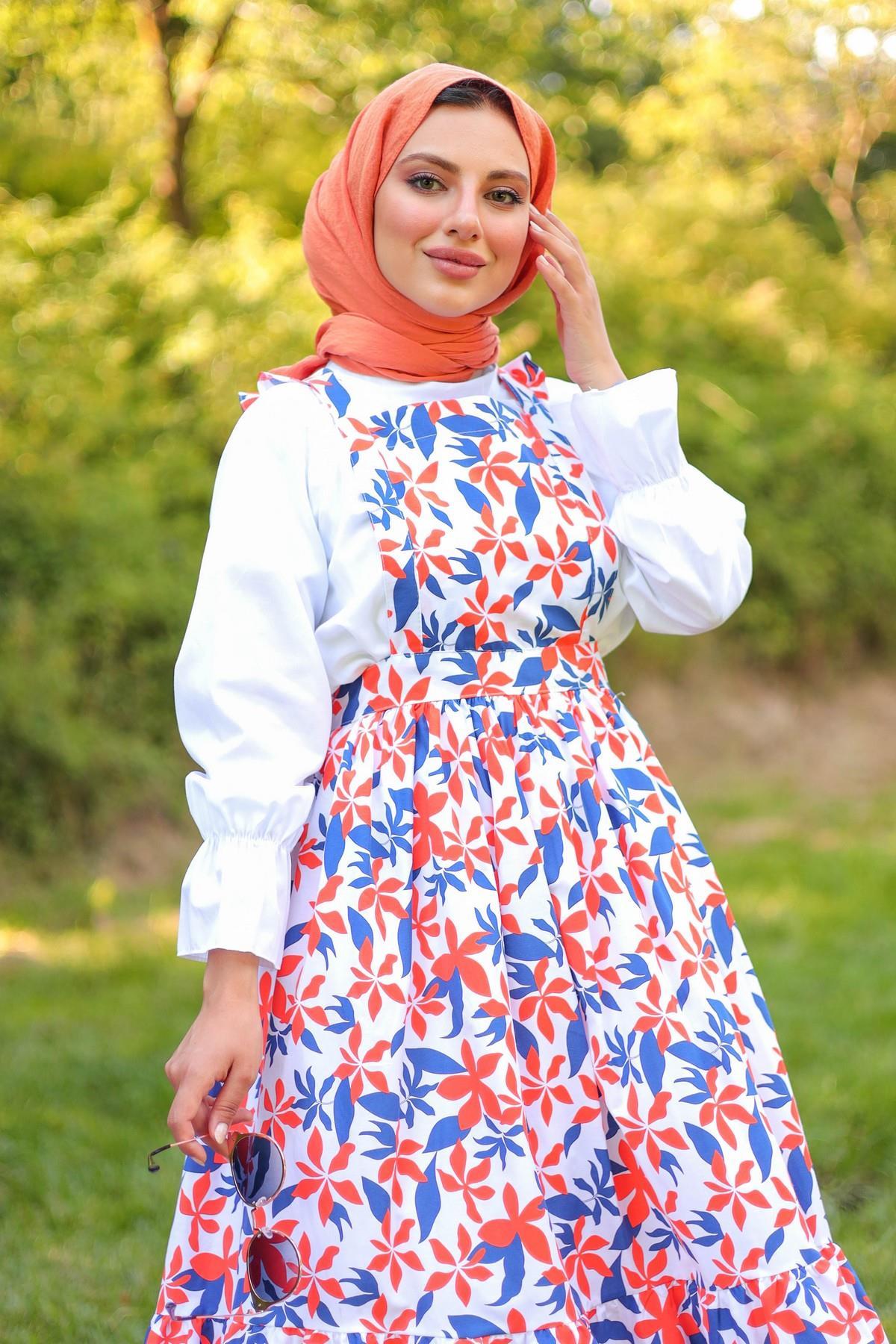 Oversize Gömlekli Çiçekli Jile Elbise - Turuncu Online Satın Alın | Meqlife