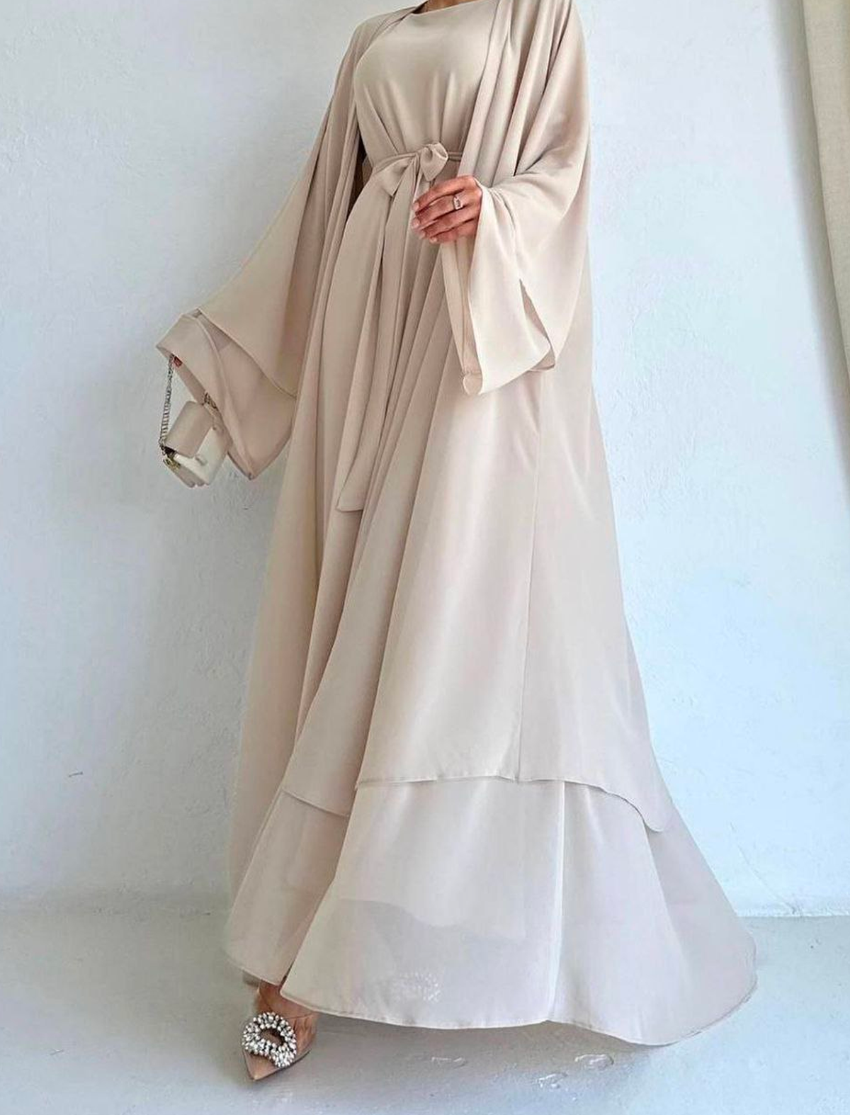  Saly Şifon Abaya Takım Krem