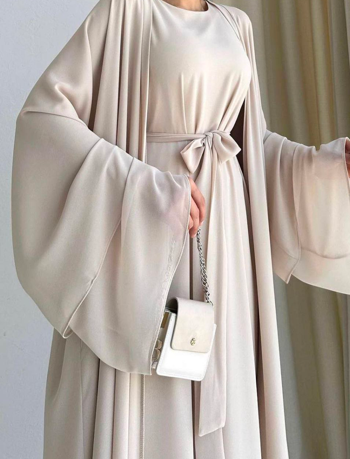  Saly Şifon Abaya Takım Krem