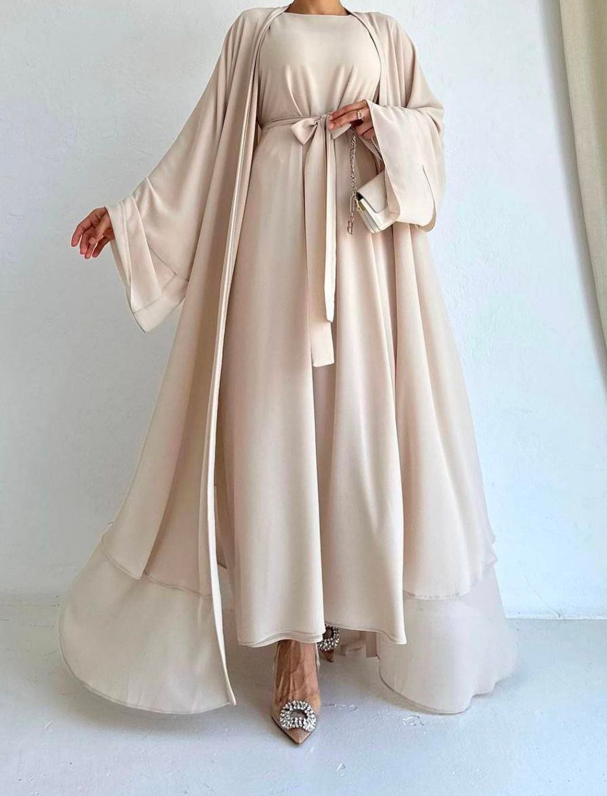  Saly Şifon Abaya Takım Krem