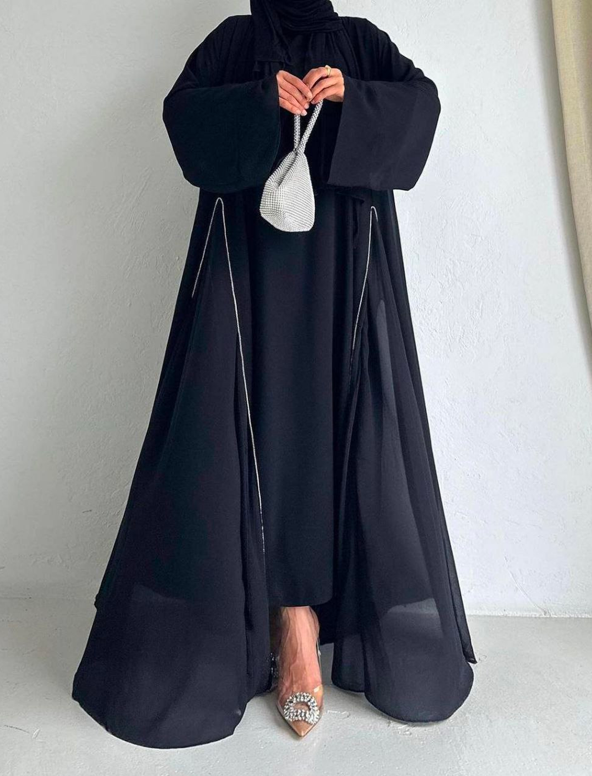  Sandi Siyah Şifon Abaya Takım