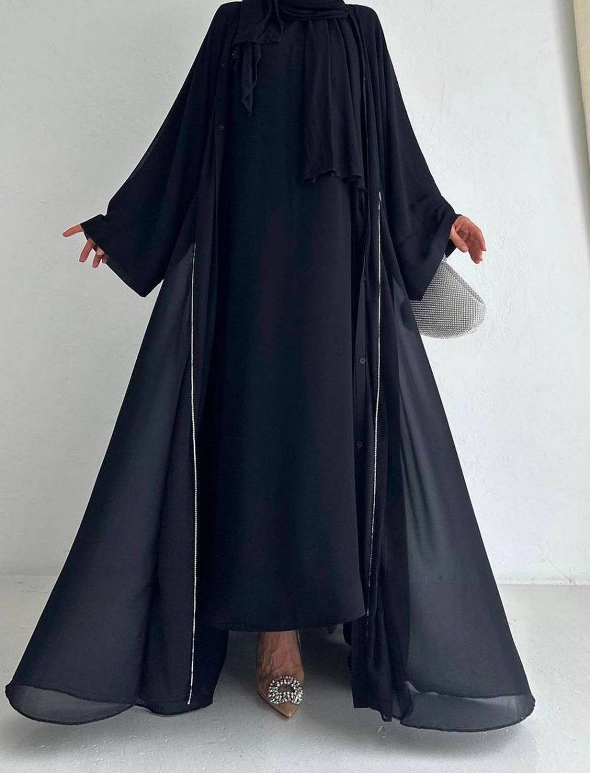  Sandi Siyah Şifon Abaya Takım