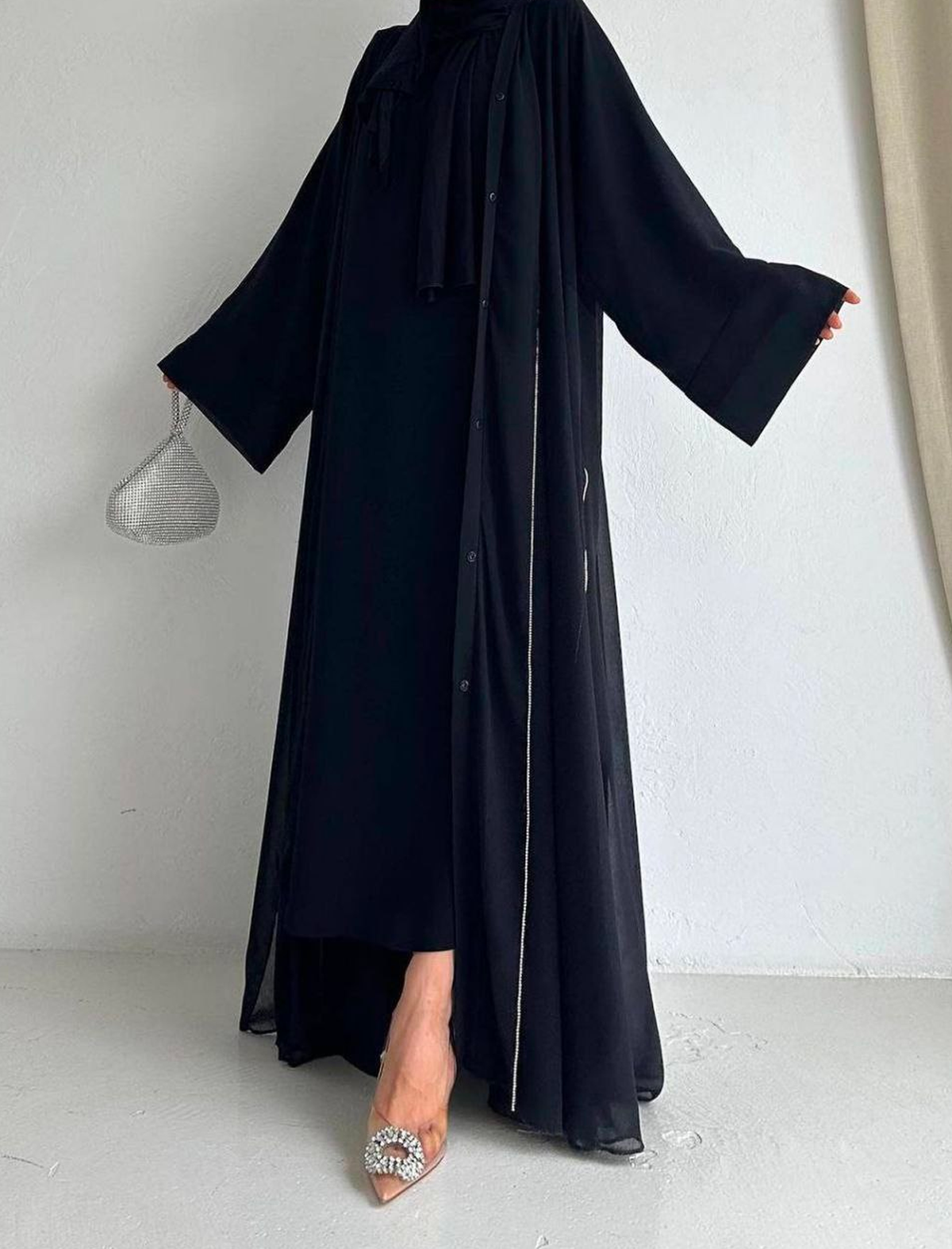  Sandi Siyah Şifon Abaya Takım