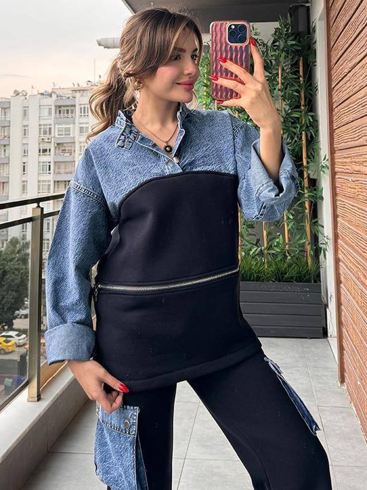 Kot Karışımlı Şardonlu Takım - Lacivert