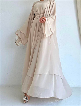  Saly Şifon Abaya Takım Krem