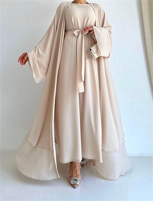  Saly Şifon Abaya Takım Krem